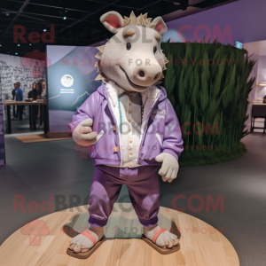 Lavender Wild Boar mascot costume character dressed with a Bomber Jacket and Shoe laces