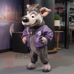 Lavender Wild Boar mascot costume character dressed with a Bomber Jacket and Shoe laces