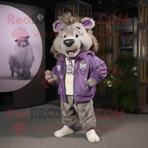 Lavender Wild Boar mascot costume character dressed with a Bomber Jacket and Shoe laces