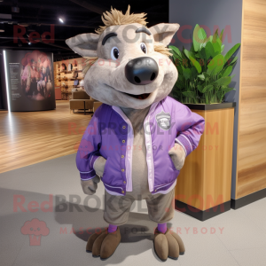 Lavender Wild Boar mascot costume character dressed with a Bomber Jacket and Shoe laces