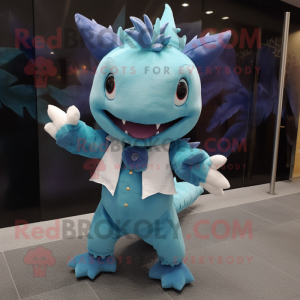 Blue Axolotls mascot costume character dressed with a Trousers and Cummerbunds