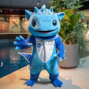 Blue Axolotls mascot costume character dressed with a Trousers and Cummerbunds