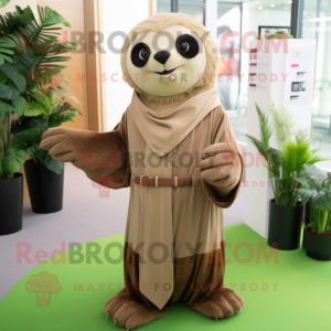 Tan Sloth mascot costume character dressed with a Maxi Skirt and Cufflinks