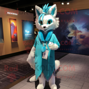 Cyan Lynx mascot costume character dressed with a Shift Dress and Shawl pins
