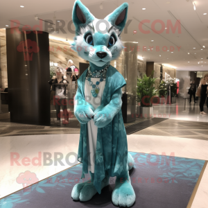 Cyan Lynx mascot costume character dressed with a Shift Dress and Shawl pins