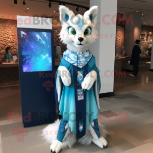 Cyan Lynx mascot costume character dressed with a Shift Dress and Shawl pins