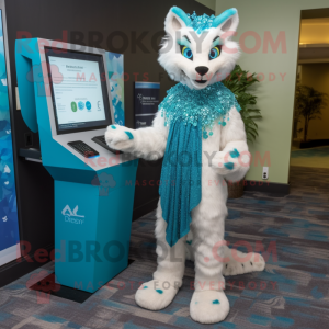 Cyan Lynx mascot costume character dressed with a Shift Dress and Shawl pins