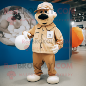 Tan Handball Ball mascot costume character dressed with a Jumpsuit and Berets
