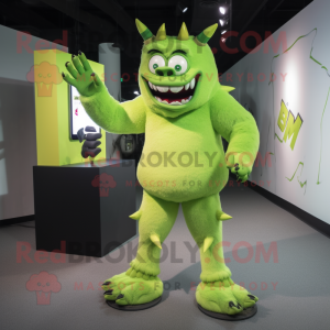 Lime Green Demon mascot costume character dressed with a V-Neck Tee and Shoe clips