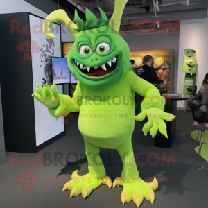 Lime Green Demon mascot costume character dressed with a V-Neck Tee and Shoe clips