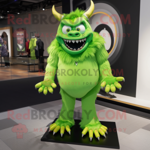 Lime Green Demon mascot costume character dressed with a V-Neck Tee and Shoe clips