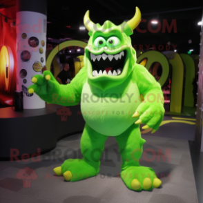 Lime Green Demon mascot costume character dressed with a V-Neck Tee and Shoe clips