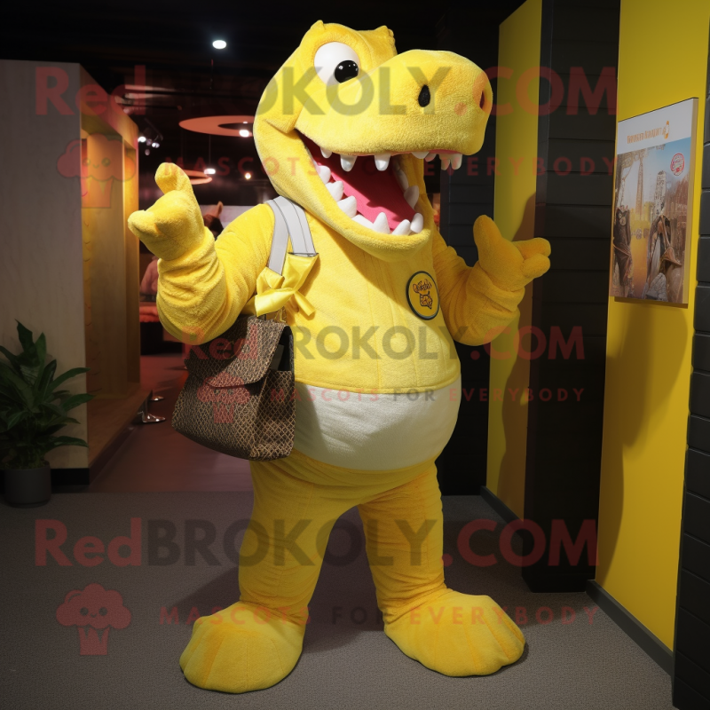 Yellow Crocodile mascot costume character dressed with a Jeggings and Clutch bags