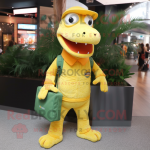 Yellow Crocodile mascot costume character dressed with a Jeggings and Clutch bags