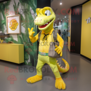 Yellow Crocodile mascot costume character dressed with a Jeggings and Clutch bags