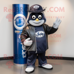 Navy Soda Can mascot costume character dressed with a Moto Jacket and Hat pins