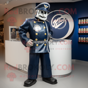 Navy Soda Can mascot costume character dressed with a Moto Jacket and Hat pins