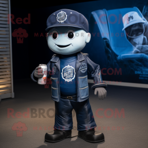 Navy Soda Can mascot costume character dressed with a Moto Jacket and Hat pins