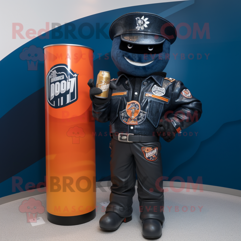 Navy Soda Can mascot costume character dressed with a Moto Jacket and Hat pins