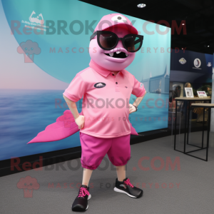 Pink Tuna mascot costume character dressed with a Polo Shirt and Sunglasses