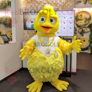 Lemon Yellow Chicken mascot costume character dressed with a Romper and Necklaces