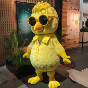 Lemon Yellow Chicken mascot costume character dressed with a Romper and Necklaces
