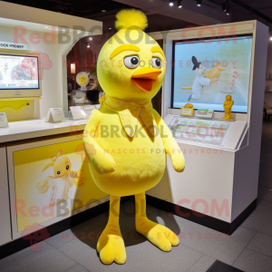 Lemon Yellow Chicken mascot costume character dressed with a Romper and Necklaces