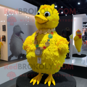 Lemon Yellow Chicken mascot costume character dressed with a Romper and Necklaces