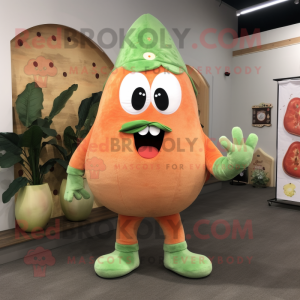 Peach Cucumber mascot costume character dressed with a Flare Jeans and Rings