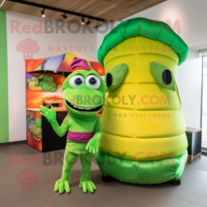 Lime Green Tacos mascot costume character dressed with a Turtleneck and Hair clips