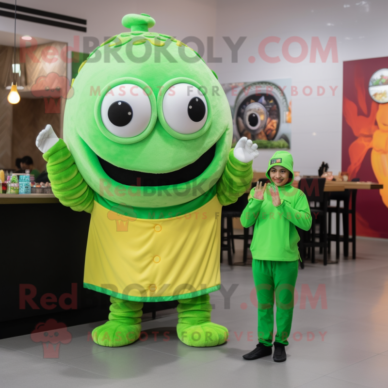 Lime Green Tacos mascot costume character dressed with a Turtleneck and Hair clips Lime Green Tacos mascot costume character dressed with a Turtleneck and Hair clips