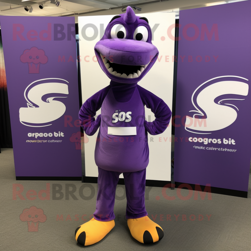 Purple Diplodocus mascot costume character dressed with a Running Shorts and Tie pins Purple Diplodocus mascot costume character dressed with a Running Shorts and Tie pins
