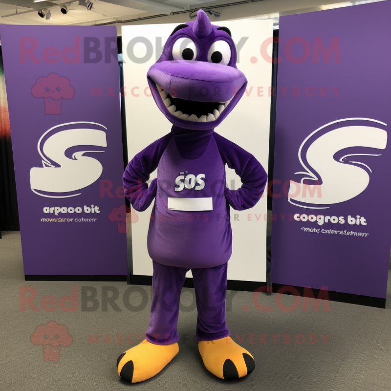 Purple Diplodocus mascot costume character dressed with a Running Shorts and Tie pins