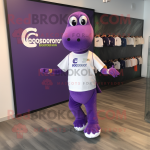 Purple Diplodocus mascot costume character dressed with a Running Shorts and Tie pins