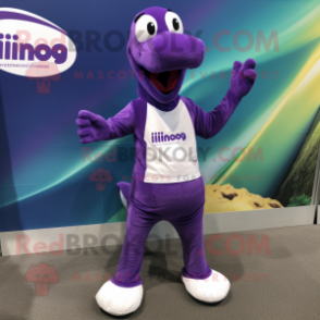 Purple Diplodocus mascot costume character dressed with a Running Shorts and Tie pins