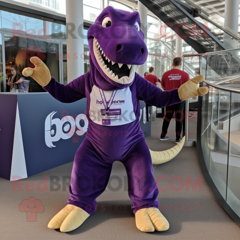 Purple Diplodocus mascot costume character dressed with a Running Shorts and Tie pins