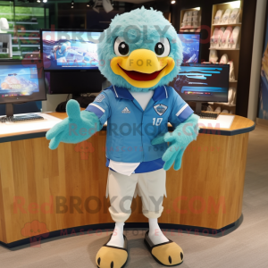 Sky Blue Eagle mascot costume character dressed with a Cargo Shorts and Digital watches