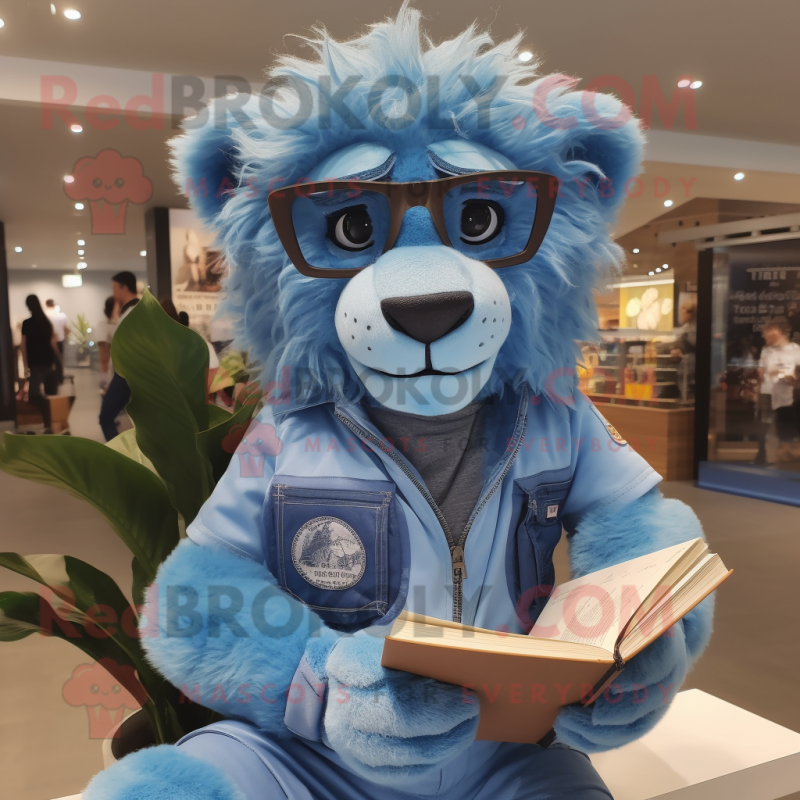 Blue Tamer Lion mascot costume character dressed with a Chambray Shirt and Reading glasses