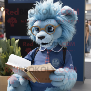 Blue Tamer Lion mascot costume character dressed with a Chambray Shirt and Reading glasses