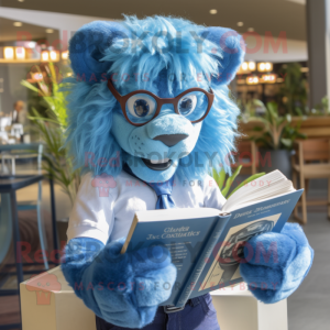 Blue Tamer Lion mascot costume character dressed with a Chambray Shirt and Reading glasses