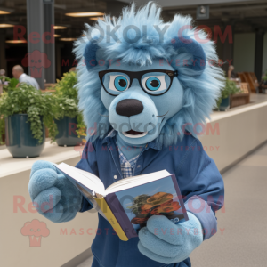 Blue Tamer Lion mascot costume character dressed with a Chambray Shirt and Reading glasses
