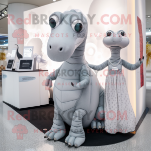 Silver Diplodocus mascot costume character dressed with a Mini Dress and Wraps