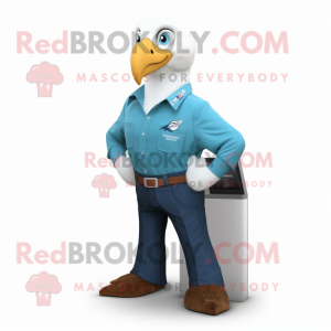 Cyan Bald Eagle mascot costume character dressed with a Bootcut Jeans and Tie pins