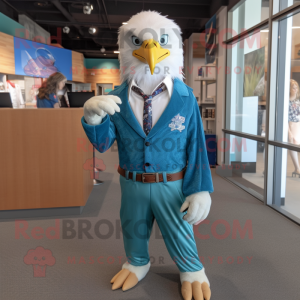 Cyan Bald Eagle mascot costume character dressed with a Bootcut Jeans and Tie pins