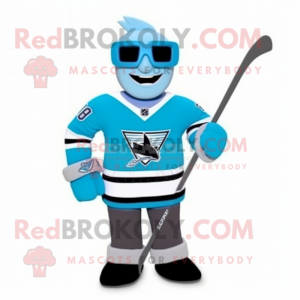 Cyan Ice Hockey Stick mascot costume character dressed with a V-Neck Tee and Reading glasses