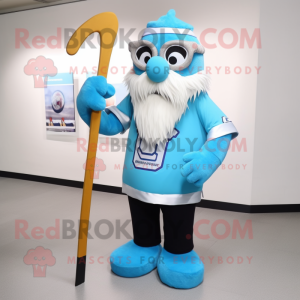 Cyan Ice Hockey Stick mascot costume character dressed with a V-Neck Tee and Reading glasses