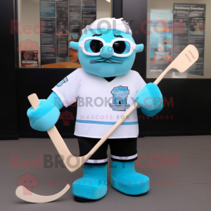 Cyan Ice Hockey Stick mascot costume character dressed with a V-Neck Tee and Reading glasses