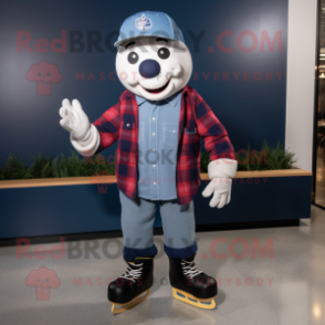 Navy Pair Of Ice Skates mascot costume character dressed with a Flannel Shirt and Beanies