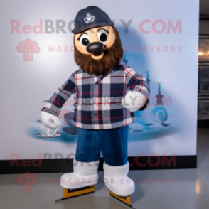 Navy Pair Of Ice Skates mascot costume character dressed with a Flannel Shirt and Beanies