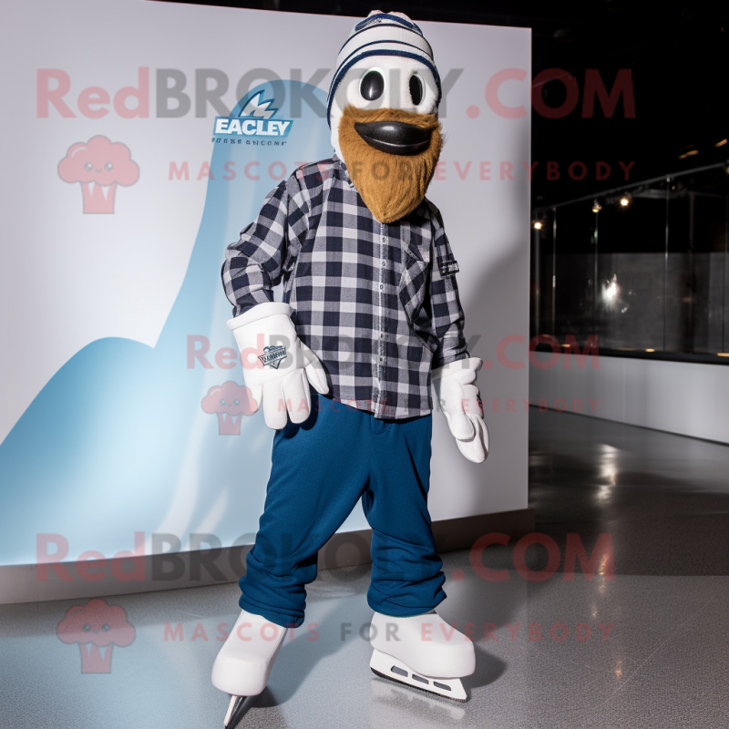 Navy Pair Of Ice Skates mascot costume character dressed with a Flannel Shirt and Beanies